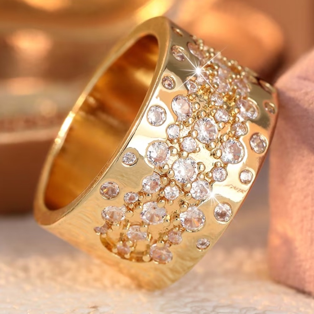 Private Label Gold Wide Band Ring with Clear Crystals